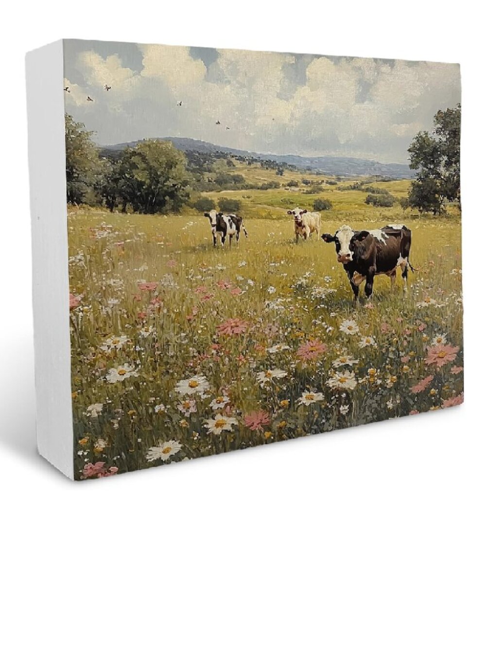 Vintage Cow Landscape Wooden Box Sign 5"X5"